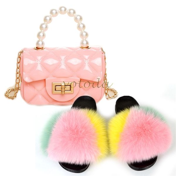 Girls Fullfy Chinelos Fullfy Ry Slides Criança Rainbow Geléia Sacos Pérola Chain Bolsa Crianças Crianças Bonito Shoes Saco Set 210712