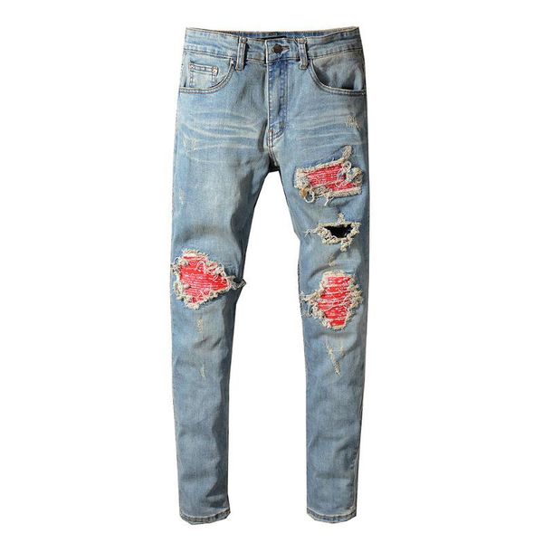 

men's jeans gzdeerax mens red printed patch biker for moto skinny patchwork holes ripped stretch denim pants plus size 40, Blue