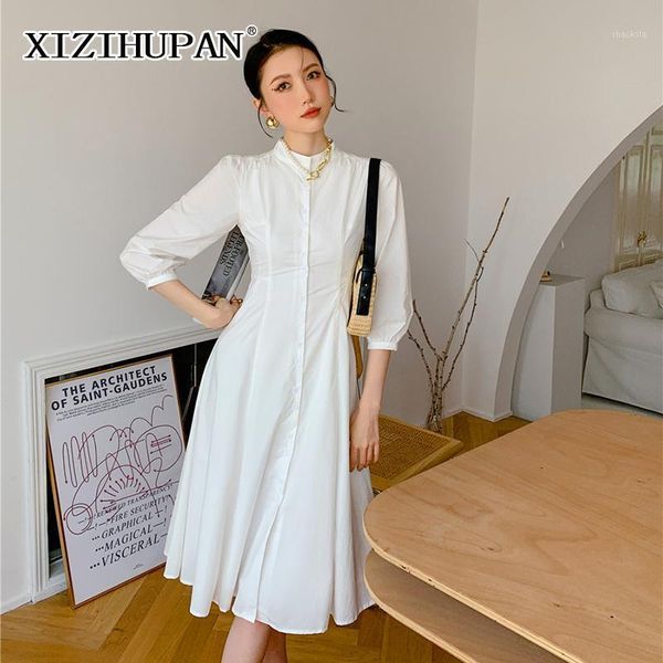 

white casual shirt dress for women stand collar three quarter sleeve high waist vintage dresses female 2021 summer, Black;gray