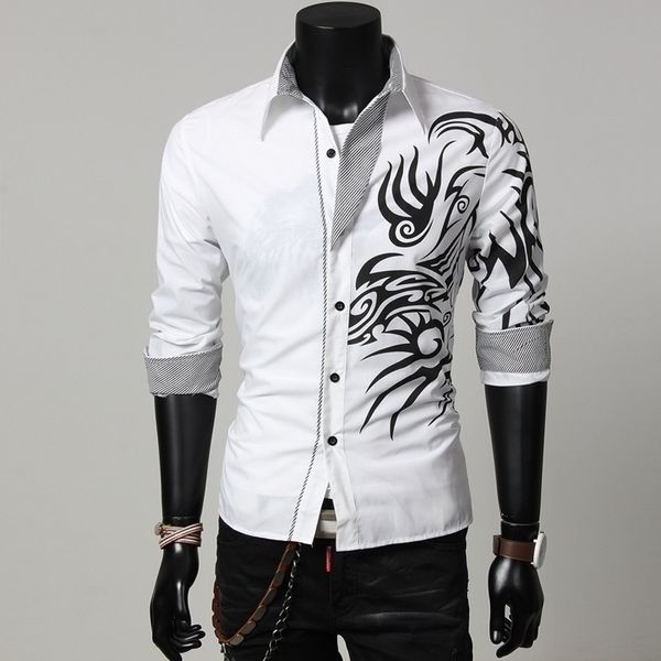 

print british korean dragon slim long sleeve men's tattooed shirt