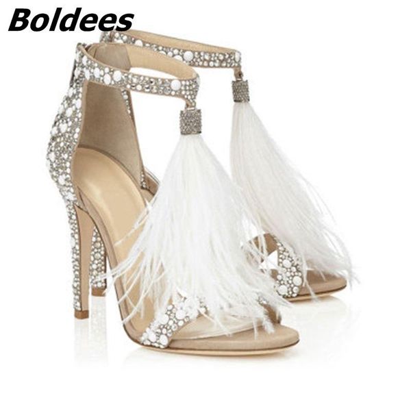 

dress shoes fashion embellished crystal white high heel woman feather fringed rhinestone heeled sandals bridal wedding women, Black