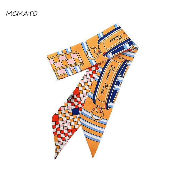 

scarves selling 95cm*5cm grid printed strap scarf women twill silk headband long thin bag accessories ribbon, Blue;gray
