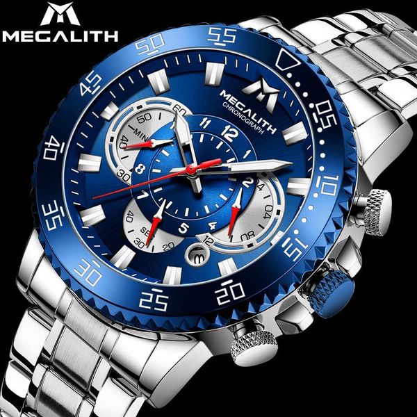 

wristwatches megalith men's watch blue silver waterproof sports chronograph quartz watches men steel date alarm wrist man montre homme, Slivery;brown