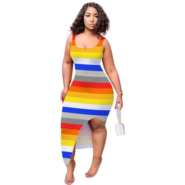 

casual dresses women fashion long sleeve dress rainbow stripes print clothing open fork split streetwear plus size, Black;gray