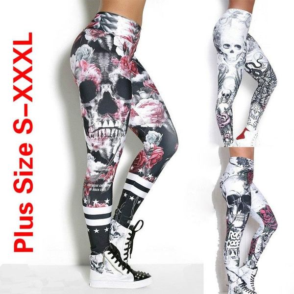 

plus size leggings s-3xl flower and skull print fitness elastic slim jeggings women push up sport pants women's, Black