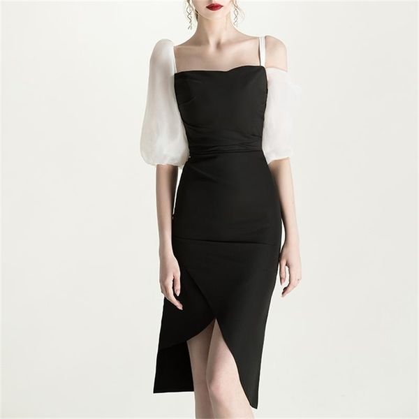 

summer off shoulder party dress women black white patchwork sheath es slim bodycon split long chic 210603, Black;gray
