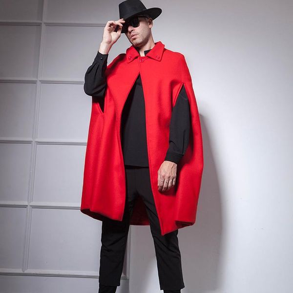 

men's wool & blends big red mid-length shawl cape european and american male nightclub hip-hop bar host woolen coat overcoat, Black