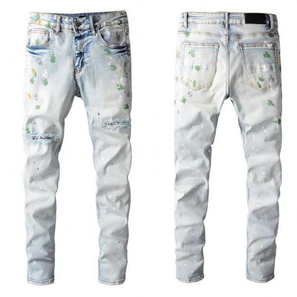 

men's jeans mens distressed motorcycle biker jean rock skinny slim ripped hole stripe fashionable snake embroidery denim pants, Blue