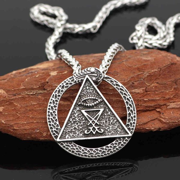 

pagan viking satan round pendant men's necklace amulet eye sweater chain jewelry, Silver