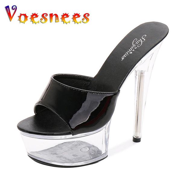 

voesnees women slippers platform red high heels patent leather 15 cm outdoors sandals ladies shoes clear thin heel crystal, Black