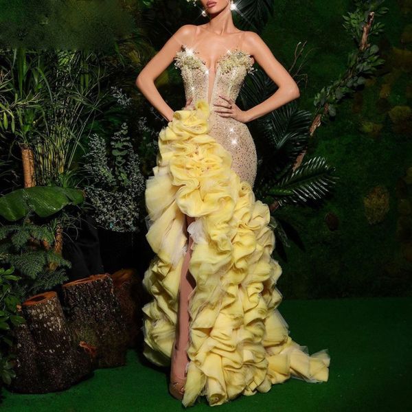 Gorgeours vestidos de baile amarelo sereia fenda alta com ruffles lantejoulas espaguete 2021 vestido de noite longo vestidos sexy