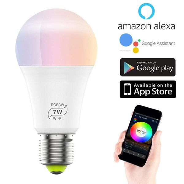 

bulbs e27 smart control lamp led rgb light dimmable 7w rgbw colorful changing bulb lampada voice decoration home