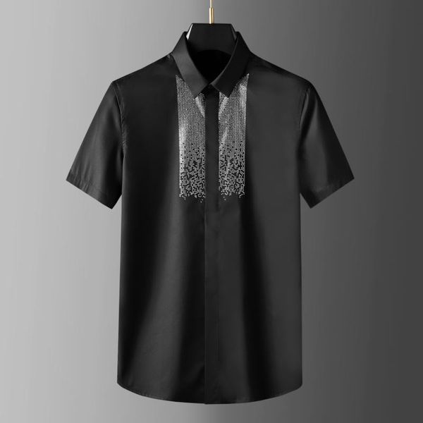 

men's casual shirts trend brand fashion summer black white rhinestones shirt short sleeve slim men dress streetwear mens, White;black