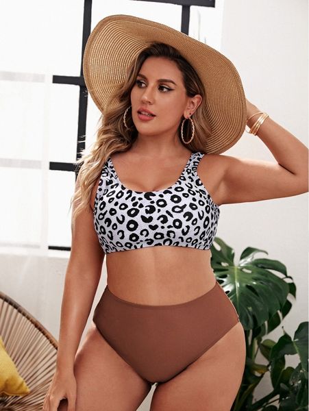 

plus leopard high waisted bikini swimsuit p3x6#, Black