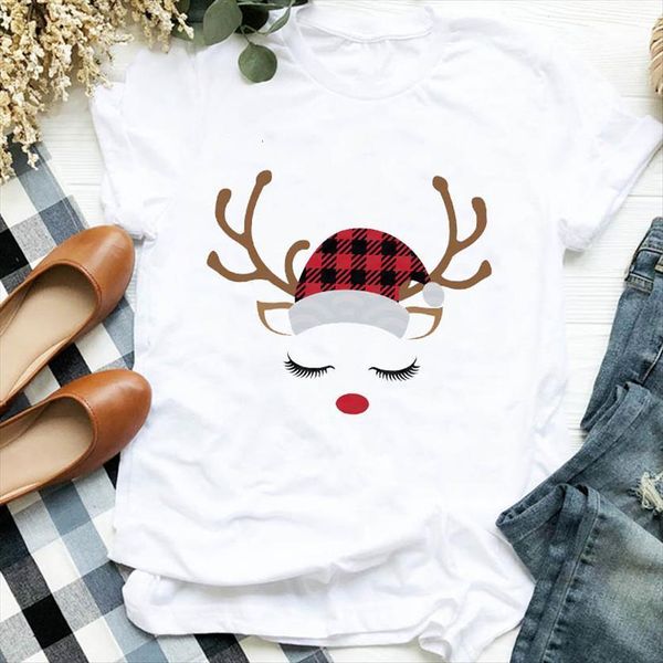 

plaid deer cartoon short sleeve womens t shirts fashion 90s merry christmas graphic clothes shirt tee, White