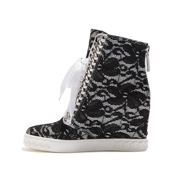 

boots fashion woman black floral lace with silver chains ankle 8 cm height increasing high inner wedge heels sneaker
