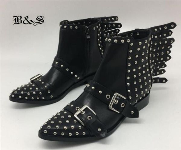 

boots black& street women rivets punk pointed toe genuine leather personalized handmade quality buckle