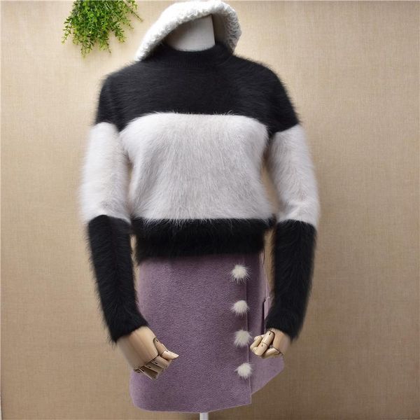 

ladies women fashion slim mink cashmere striped long sleeves basic pullover angora fur knitted jumper sweater pull winter women's sweat, White;black