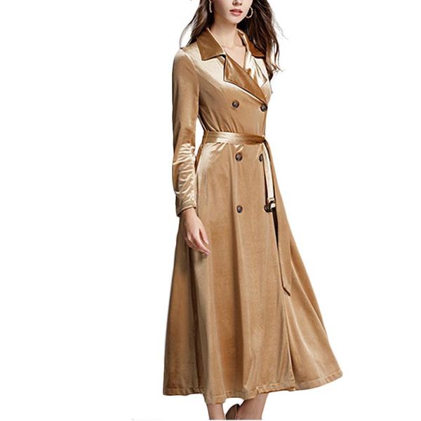 

women's trench coats 2021 spring golden velvet doule breasted long windbreaker lacing waist coat party, Tan;black