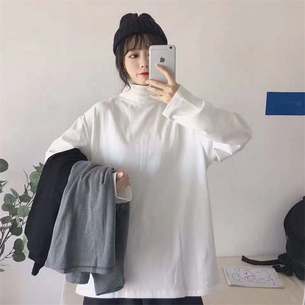 

autumn women solid turtleneck long sleeve casual t-shirt lady simple white loose female harajuku korean shirt 210519