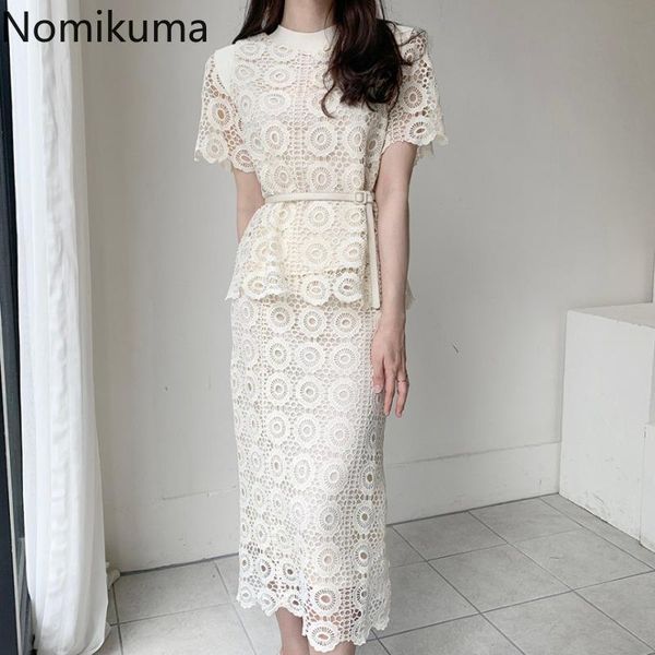 

nomikuma elegant lace 2 piece set women short sleeve hollow out shirts high waist skirt korean outfits female suit 3b320 two dress, White