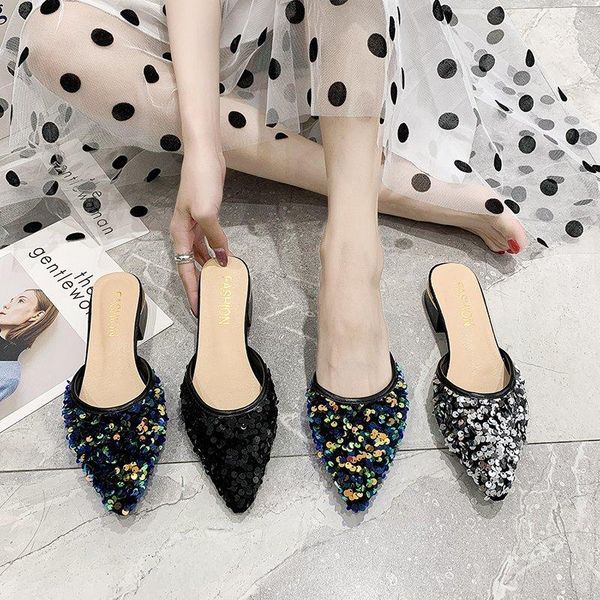 

slippers wohdhe summer 2021 women's slipper closed toe ladies fashion pointed flat heel bling, Black