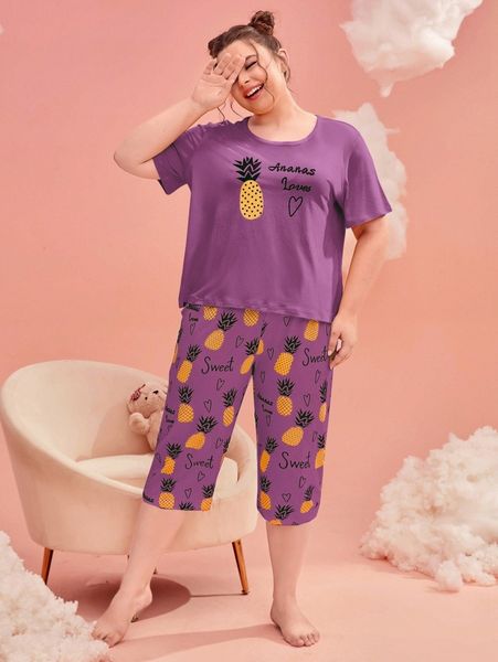 

plus pineapple print tee & pants pajama set z6dk#, Black;white