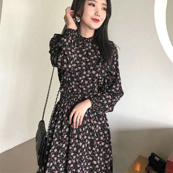 

printing floral chiffon spring dress korean waist fashion clothes streetwear women's dresses, Black;gray