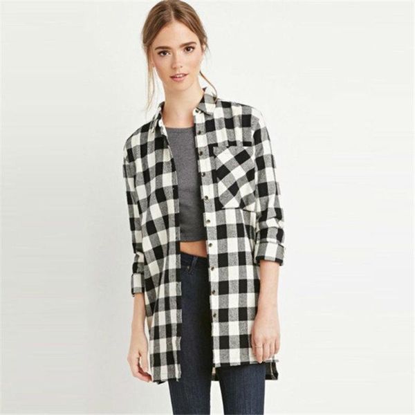 

women's blouses & shirts 2021 spring long-sleeved plaid shirt women retro mid-length trend casual loose top, White