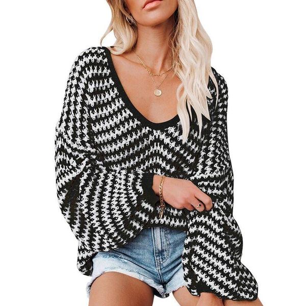 

women's sweaters 2021 autumn and winter striped sweater two-color loose large size round neck long-sleeved ladies, White;black