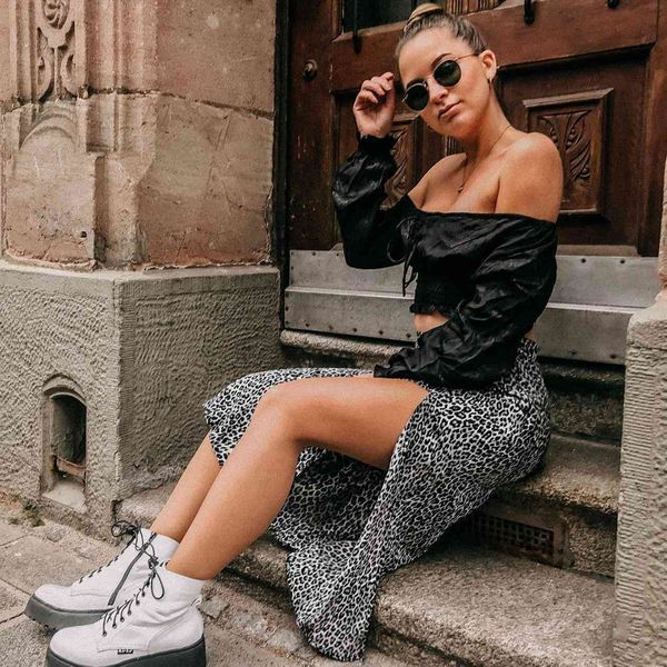 

summer long leopard floral printed women skirts high waist split casual bohemian female, Black