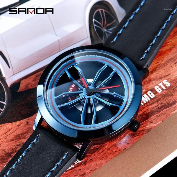 

wristwatches sanda 360 degrees rotating wheel dial men's quartz watches men fashion business racing car wrist relogio masculino, Slivery;brown