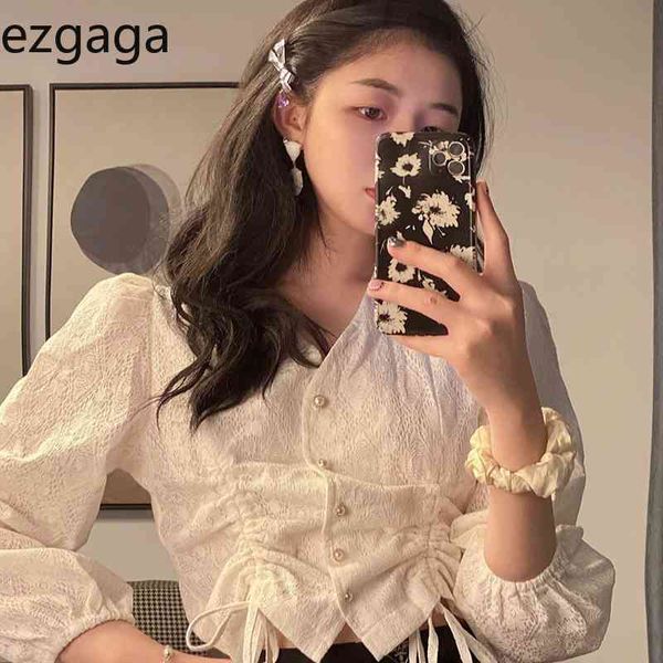 

ezgaga korean fashion women blouse spring new elegant shirts v-neck drawstring pearl button slim long sleeve crop 210430, White