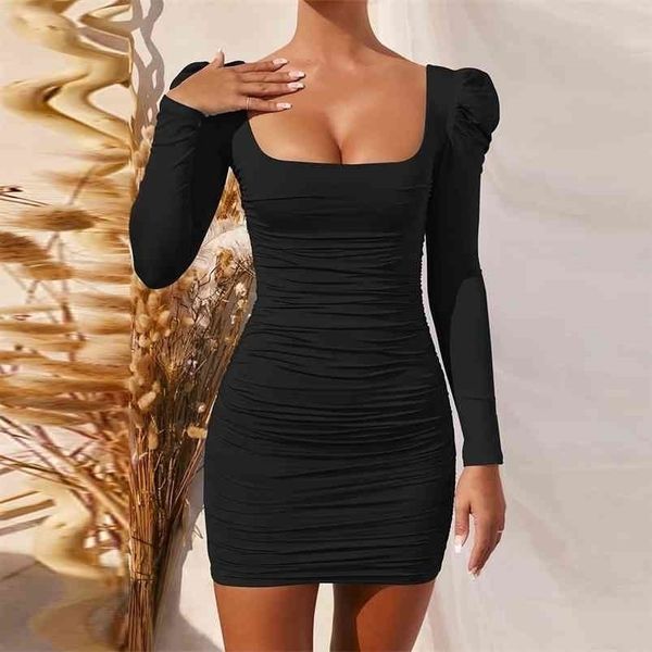 

long sleeve square neck spring summer black wrap ruched bodycon dres backless white elegant short mini party dresses 210701, Black;gray