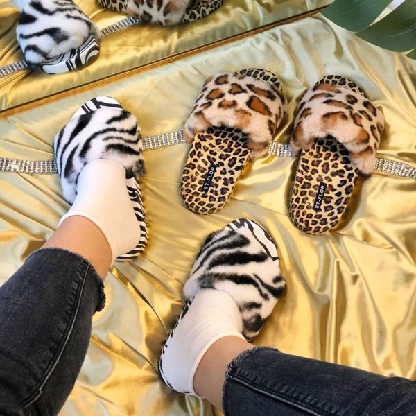 

slippers fur women home fluffy sliders comfort furry summer flats ladies shoes fashion leopard print female outdoor, Black
