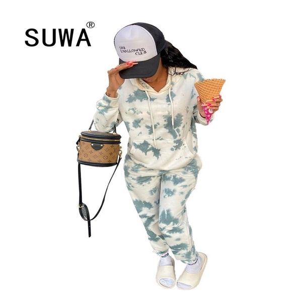 

workout clothes for women two piece set tie dye hoodies sweatshirt and jogger leggings casual home wear wholesale 210525, White