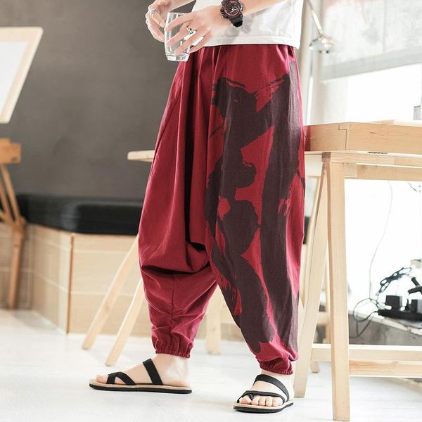 

chinese style cotton pants men's spring hanging crotch baggy corset harem loose large lantern, Black