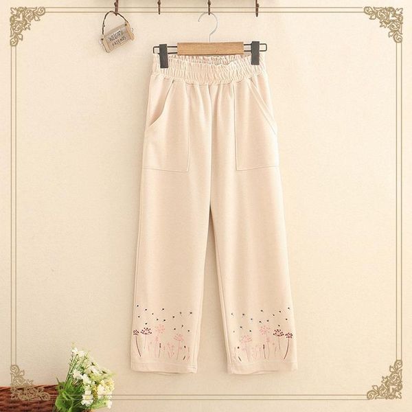 

women's pants & capris japan style embroidery kawaii knitted women elastic waist loose straight cute trousers fall pantalones mujer, Black;white