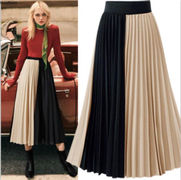 

skirts houthion women's skirt pure pleated elastic waist fast delivery color stitching casual fashion, Black
