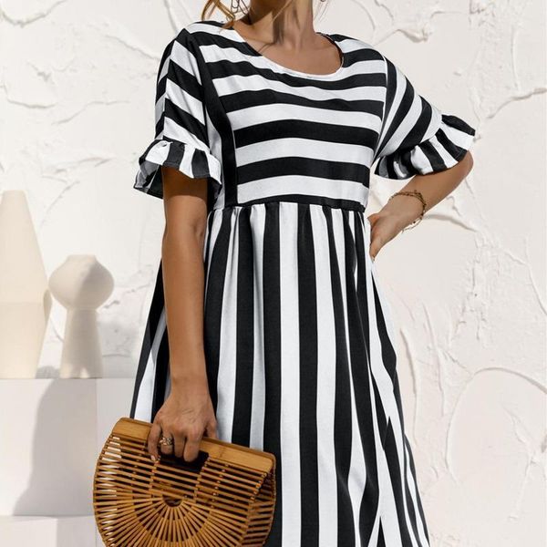 

women elegant ruffle sleeve striped patchwork a line dress 2021 summer casual high waist o neck loose pocket beach wear dresses, Black;gray
