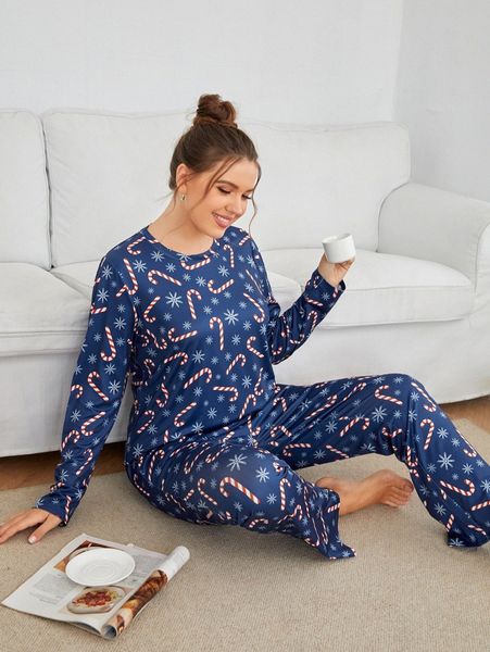 

plus christmas print pj set 609e#, Black;white