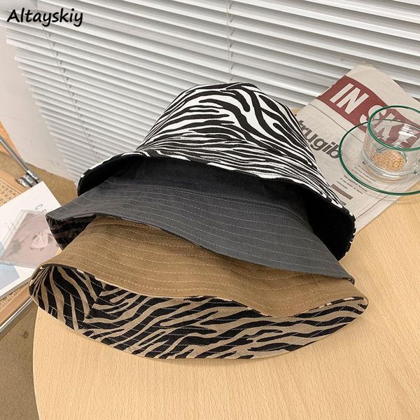 

wide brim hats bucket women zebra pattern design all-match summer elegant retro korean style double-sided sun protection fashion caps teen, Blue;gray
