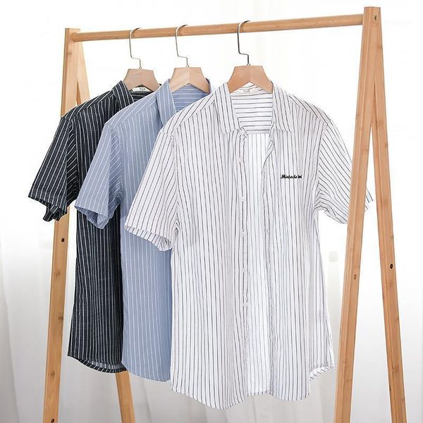 

business casual cotton striped shirt 2021 summer trendy men all-match classic thin short-sleeved male brand clothes men's dress shirts, White;black