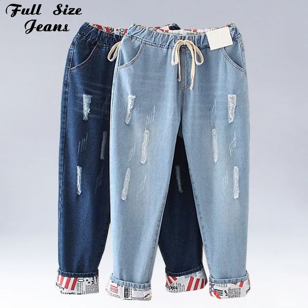 

plus size elastic waist hemming boyfriend loose ripped denim harem jeans 4xl 5xl light blue girls casual pants for women