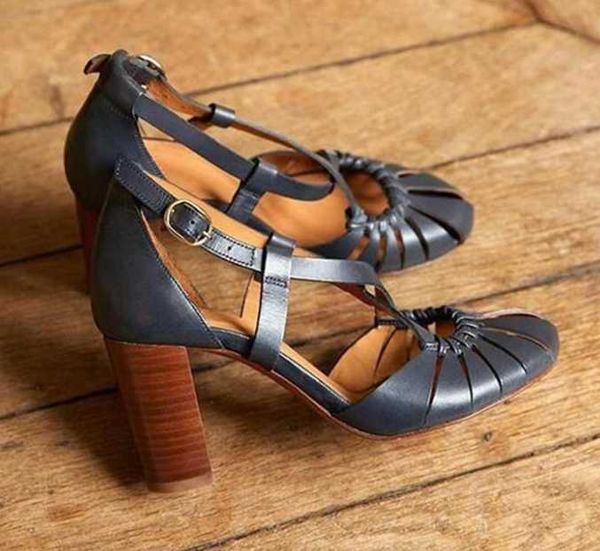 

sandals ladies retro style block high heels hollow buckle strap mary jane pumps, Black