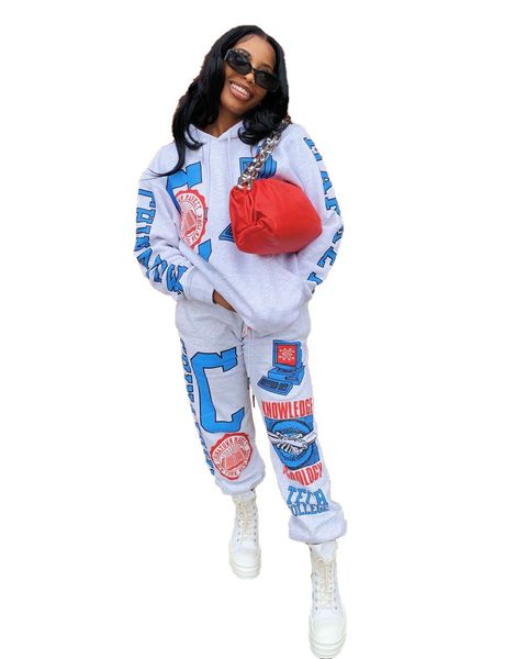 

tracksuits letter graffiti print active wear sporting 2 piece set tracksuit for women fitness long sleeve hoodie+workout jogger sweatpants s, Gray