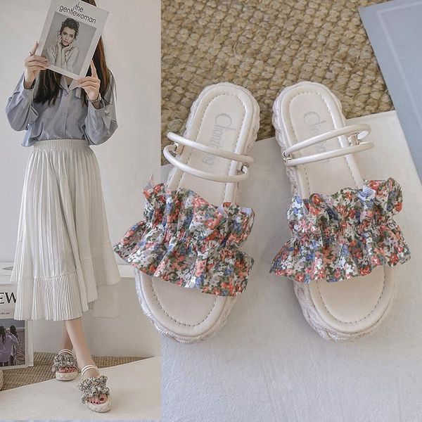 

slippers flat shoes female soft flower luxury slides slipers women low comfort designer 2021 floral cotton fabric pu scandals ba, Black