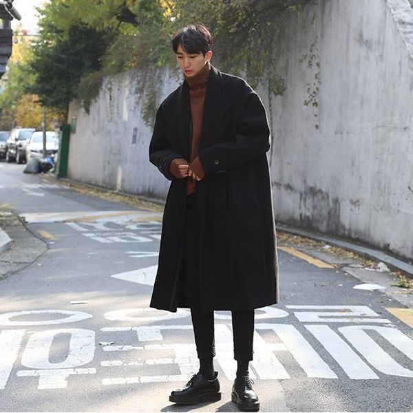 

men's wool & blends 2021 overcoat long design coat woolen outerwear male loose brief, Black