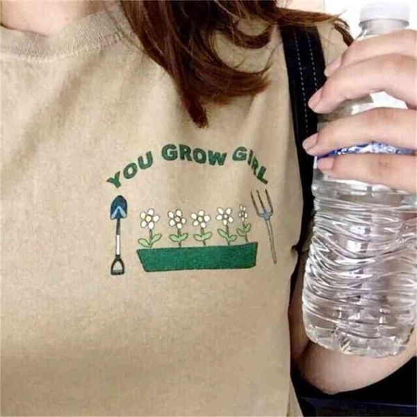 

khaki you grow girl cute aesthetic beige t-shirt women tumblr fashion grunge inspirational quotes graphic tee 210512, White