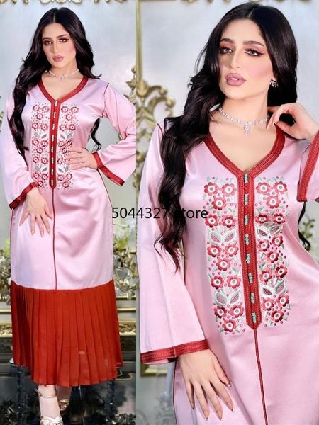 

ethnic clothing embroidery maxi dress fashion pleated women loose abaya morroco kaftan muslim arabic oman pink party gown clothes, Red